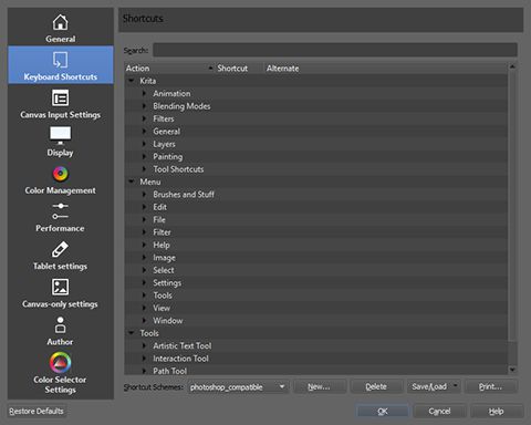 Krita 3 editing shortcuts