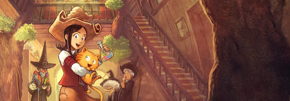 Pepper smiling and holding a colorful potion inside her house