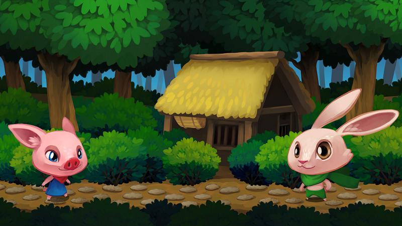A rabbit and a pig-like character in a forest, scene designed for a 2d game