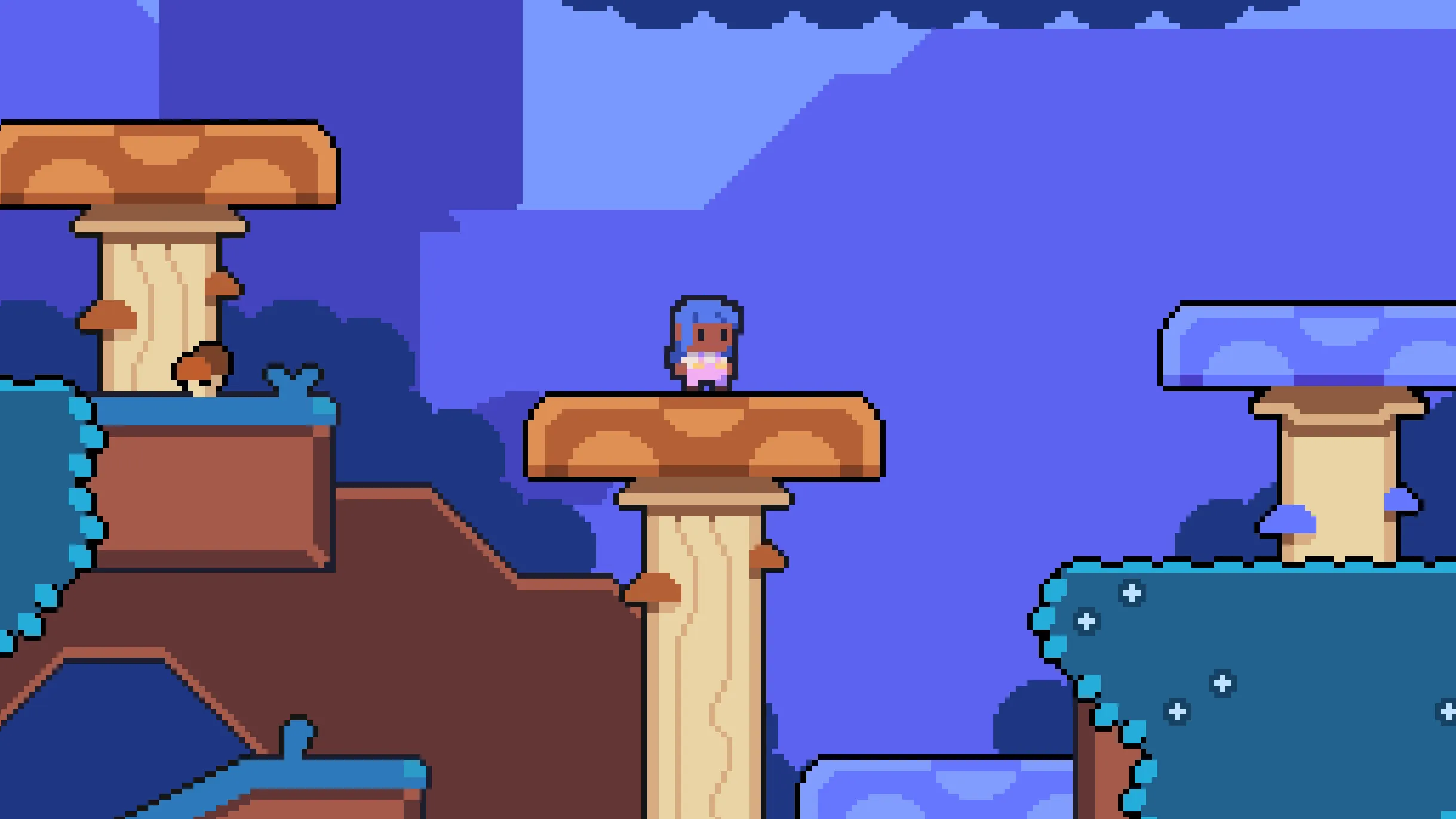 Screenshot of a platformer level in a purple forest filled with ivy and giant mushrooms the character can jump on. The level is made with tilesets and tilemaps in Godot 4.