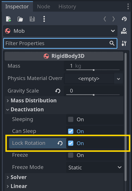 The Lock Rotation property turned on in the Inspector
