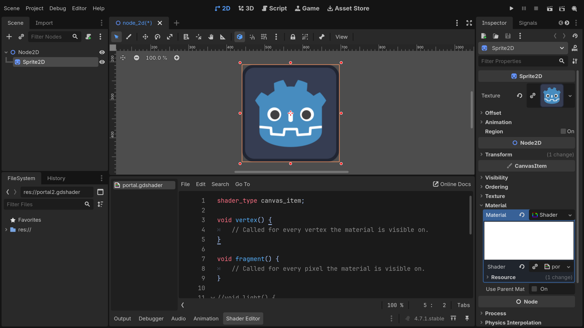 The shader editor open