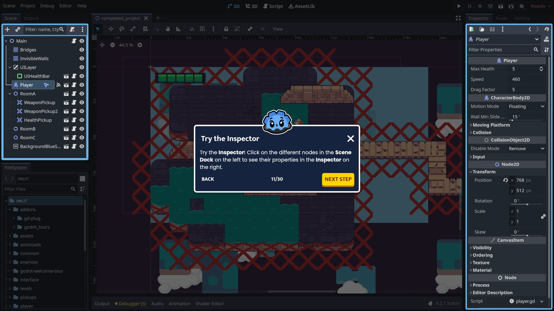 Screenshot of one of the first steps of the tour, showing the running game and a bubble inviting you to run the game.