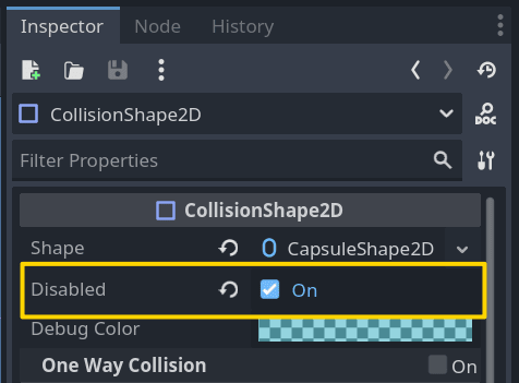 Screenshot showing the HitArea2D's CollisionShape2D disabled in the Inspector