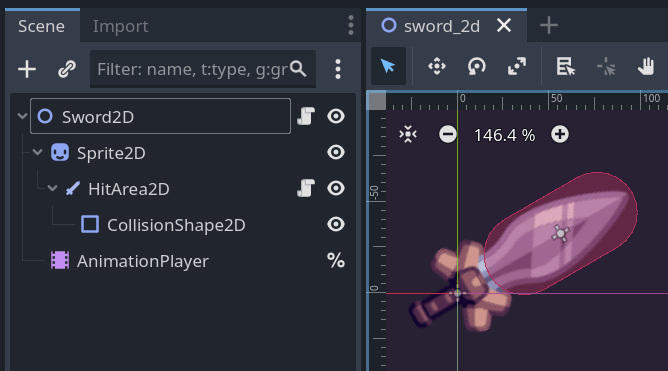 Screenshot showing the sword scene with a hit box