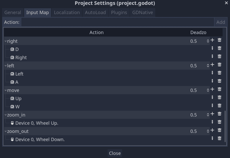 Screenshot of the input map window with the actions