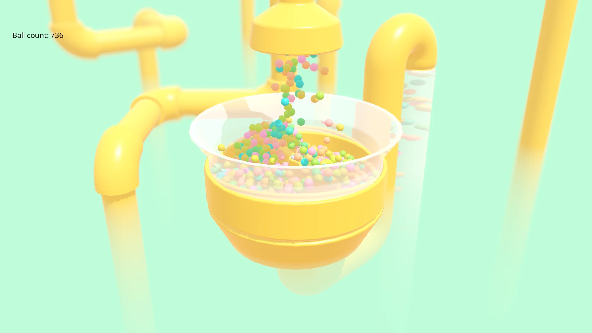 A physics benchmark scene with a large pool of bouncing balls