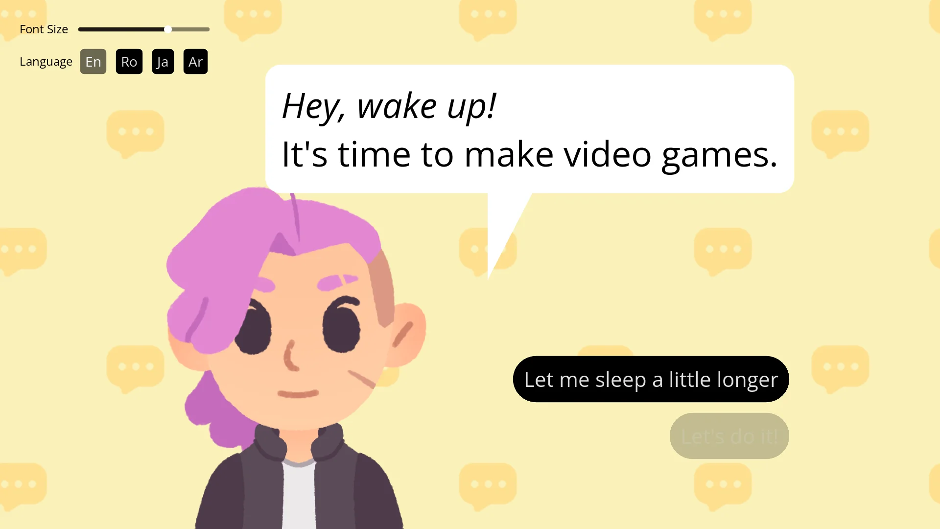 A dialogue demo using the new font handling: a character with a speech bubble saying 