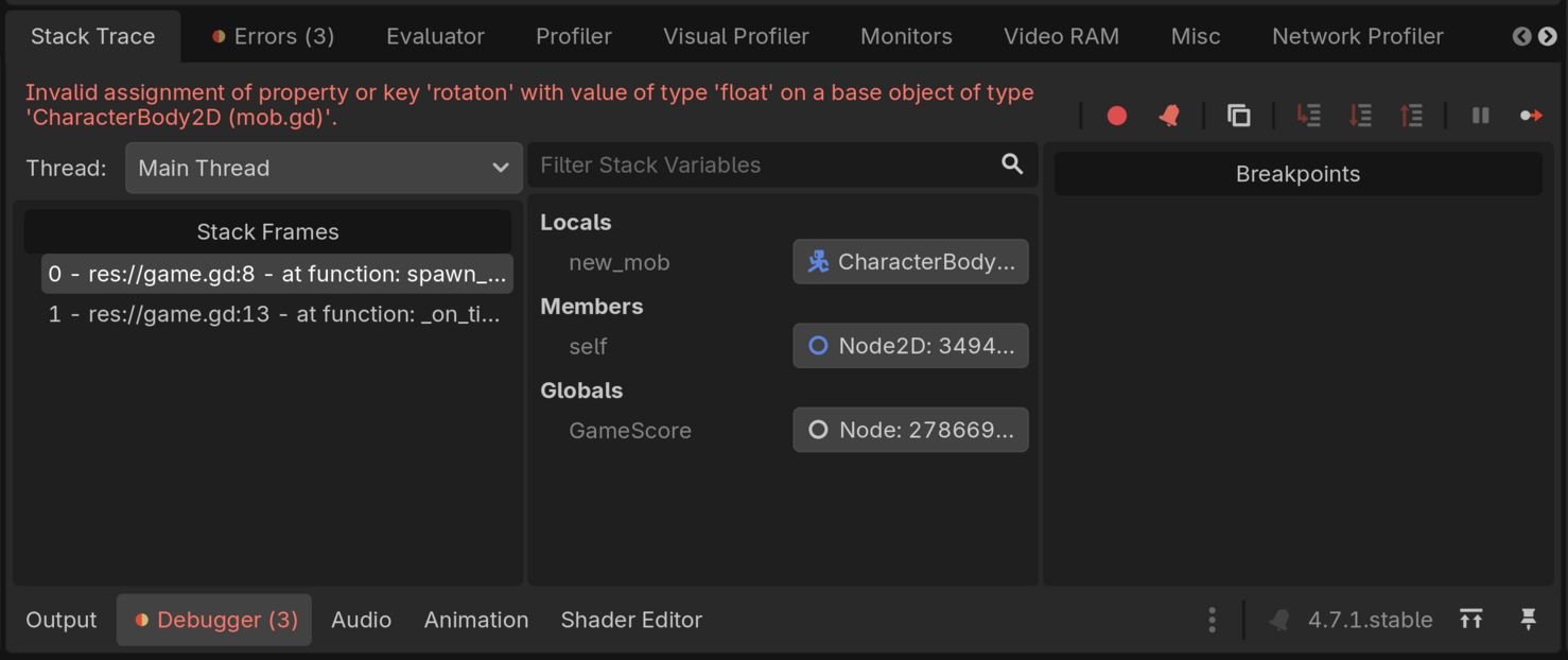 Screenshot of an error in the Godot editor with the debugger bottom panel expanded and the script editor in view