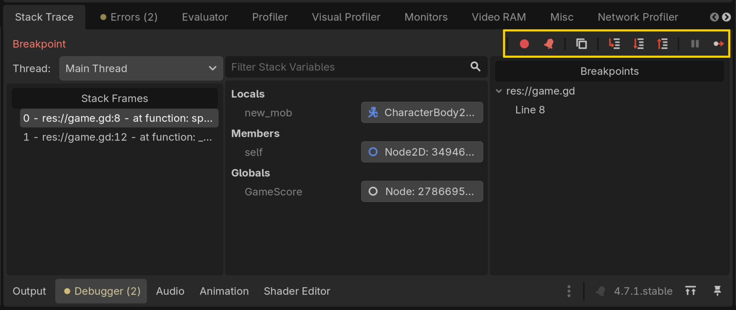 Image of the debugger bottom panel with the toolbar icons highlighted