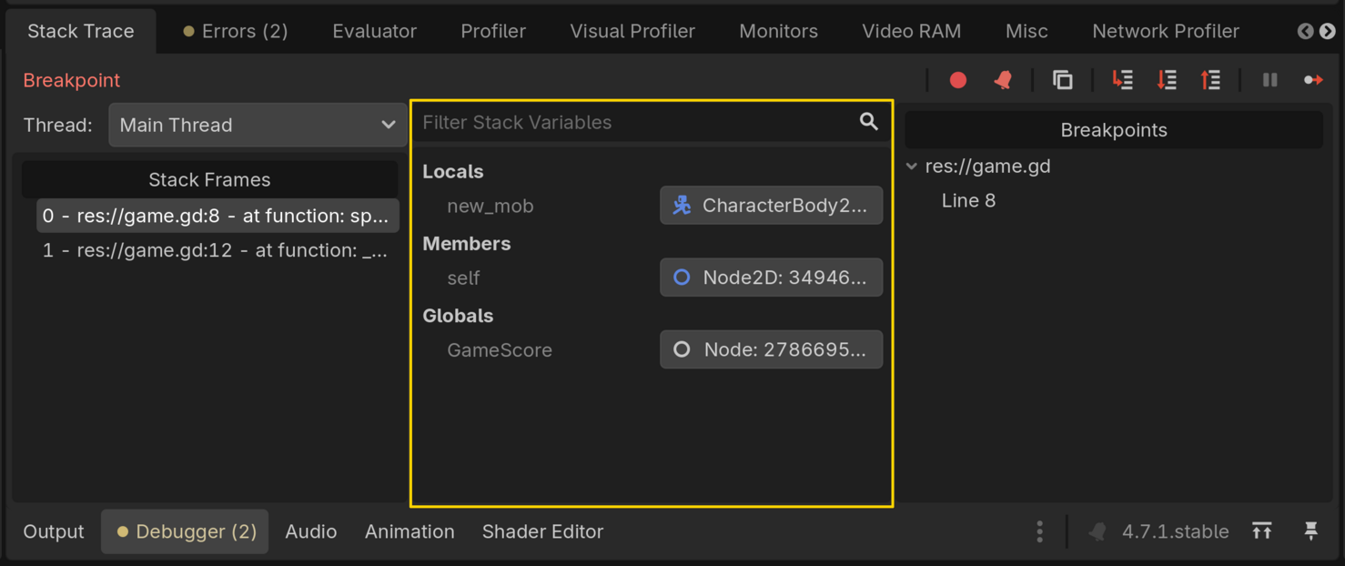 Showing the stack variables panels with a variable of each type listed