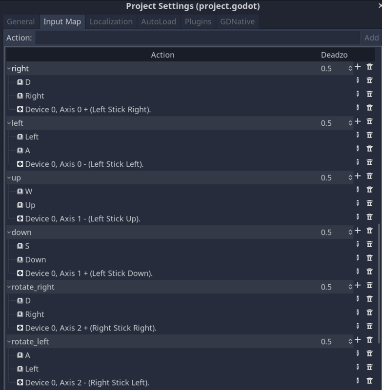 Screenshot of the input map window with the actions