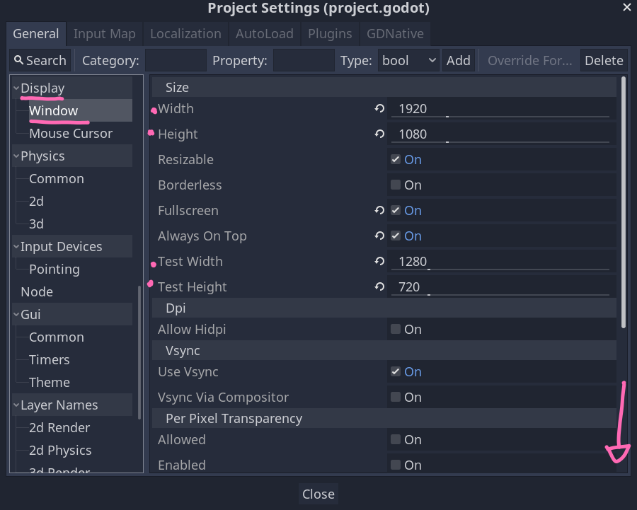 Showing the project's window settings