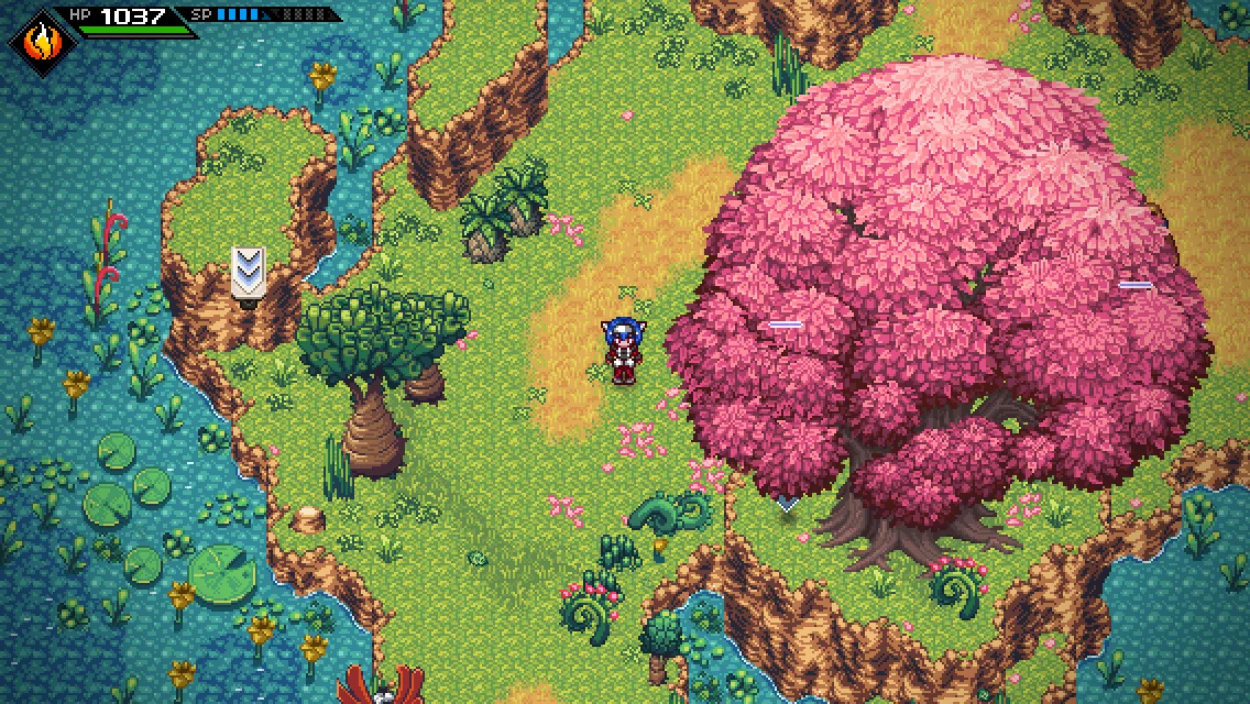 CrossCode screenshot showing a tropical environment with a large tree with pink leaves