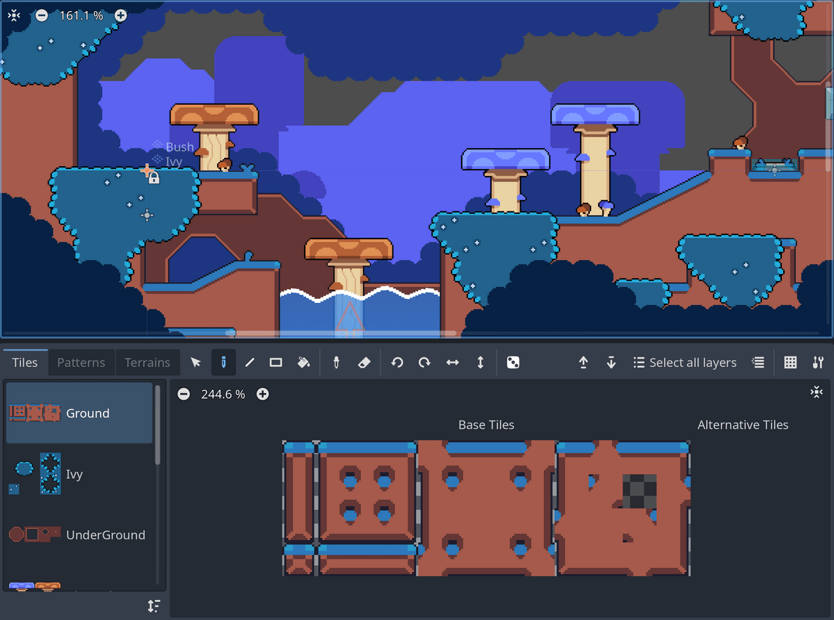Godot tilemap editor showing a side-scroller pixel art game level made with tiles