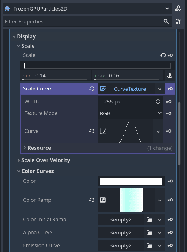 Screenshot of two example parameters for the FrozenGPUParticles2D