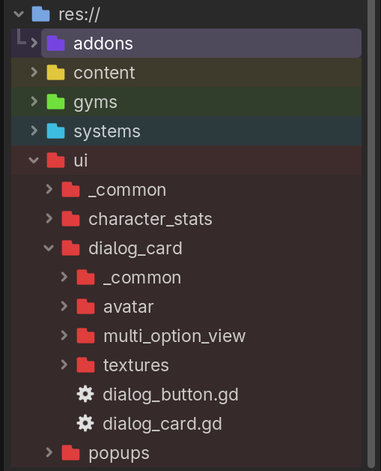 The ui folder contains all user interface resources and code that only reads from game systems but never modifies them