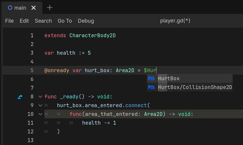 Code completion dropdown showing node name suggestions