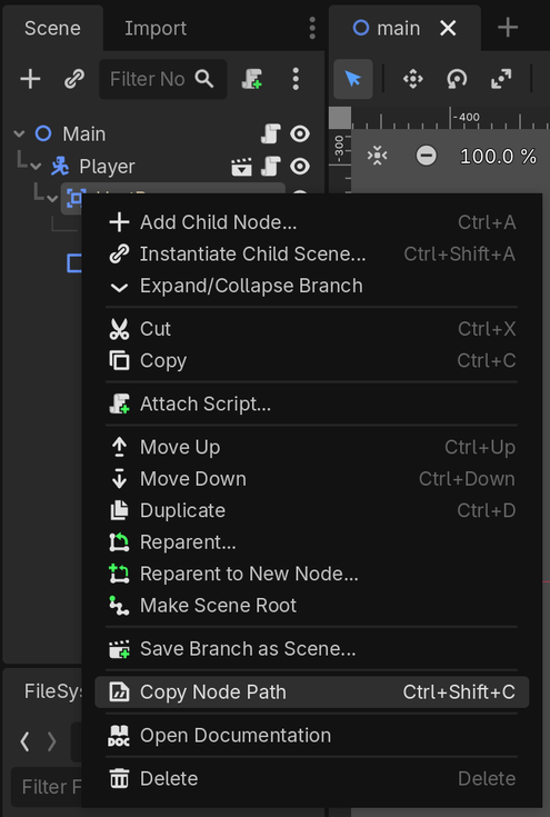 Copy node path from the node's right-click menu in the Scene dock