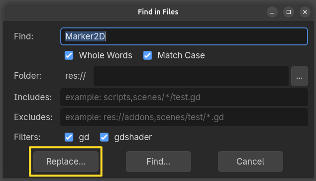 Using the Find in Files dialog to search for an old name to replace