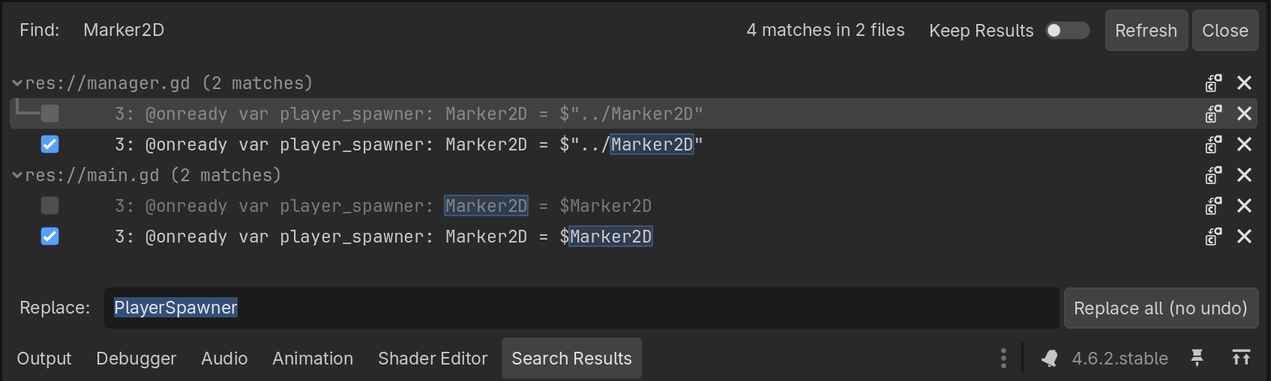 Results panel after searching for Marker2D in Find in Files
