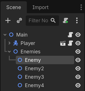 Scene dock showing Enemy node nested inside an Enemies parent node