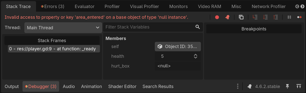 The null instance error appearing in Godot's debugger
