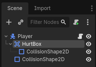 Scene dock showing a Main node with a Player child node