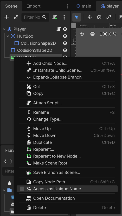 Right-click menu showing the Access as Scene Unique Name option