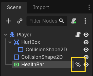 Scene dock showing a node with the % icon indicating it has a scene unique name
