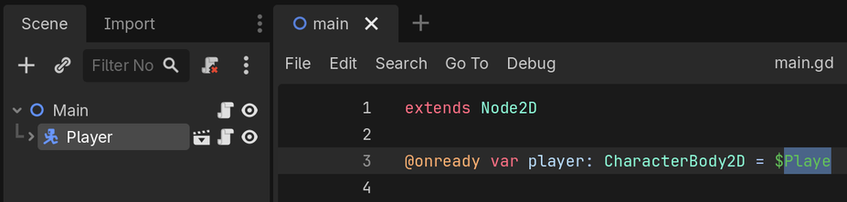 Side by side comparison showing $Playe in code vs Player in Scene dock