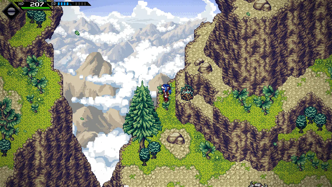 A scene from CrossCode with a large mountain at 568x320 resolution