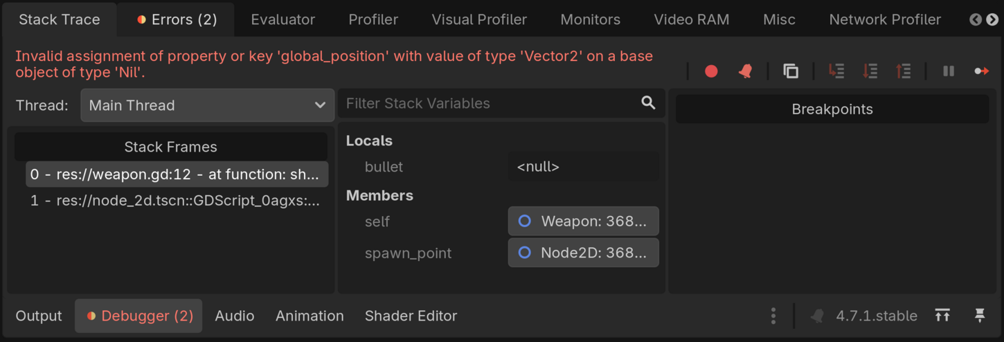 A screenshot of the debugger panel showing an error in the code