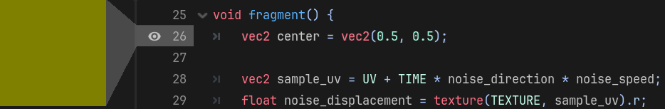 Snippet of shader code with a preview breakpoint next to the center variable assignment