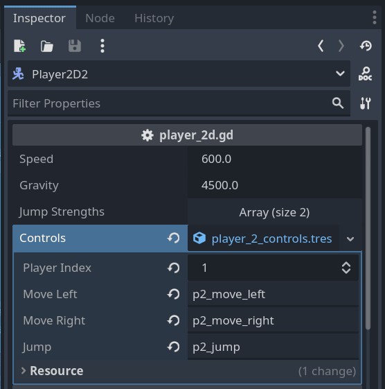 Screenshot of the export variables for player 2 in the Inspector with the Controls property expanded