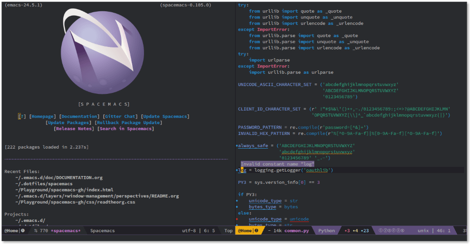 Spacemacs text editor with the logo on the left and a Python file on the right